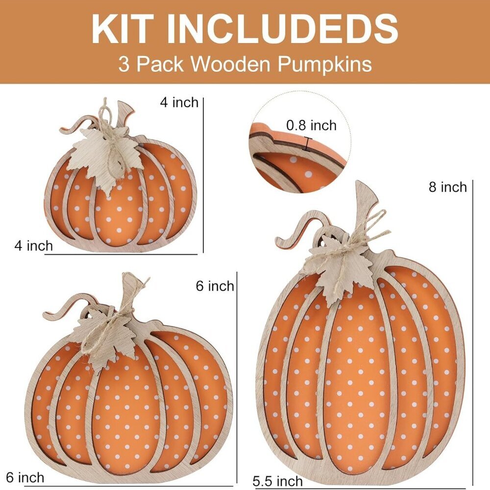 Wooden Autumn Pumpkin Fall Decorations - Three Sizes for Home, Shelf, Mantel, Ta - Picture 2 of 7